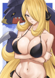 Rule 34 | 1girl, absurdres, arms under breasts, bikini, black bikini, blonde hair, border, breasts, cleavage, closed mouth, collarbone, cynthia (pokemon), garchomp, gen 4 pokemon, grey eyes, hair over one eye, highres, large breasts, long hair, looking at viewer, mihiro (mitumitu3232ish), navel, nintendo, pokemon, pokemon (creature), pokemon dppt, stomach, swimsuit, upper body, very long hair, white border