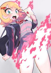 1girl aqua_eyes blonde_hair blush breasts commentary envelope fire gashi-gashi grey_background heart highres holding holding_envelope large_breasts looking_at_viewer medium_hair open_mouth original panties pleated_skirt simple_background skirt solo symbol-only_commentary tears teeth underwear upper_teeth_only upskirt