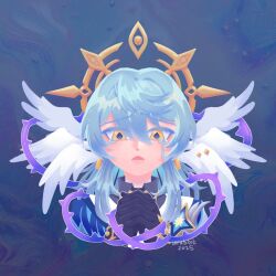 1boy black_gloves blue_background blue_hair crying crying_with_eyes_open dated gloves graywrabbit hair_between_eyes head_wings honkai:_star_rail honkai_(series) interlocked_fingers jewelry long_hair male_focus open_mouth own_hands_clasped own_hands_together plant portrait solo straight-on sunday_(honkai:_star_rail) tears thorns upper_body vines white_wings wings yellow_eyes