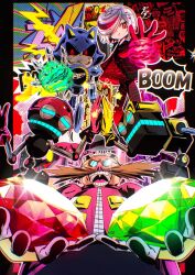 1girl 4boys bald ben-day_dots black_dress cang_she chaos_emerald closed_mouth coat commentary_request cover cubot dr._eggman dress energy energy_ball english_text evil_smile facial_hair fake_cover floating furry furry_male gem glasses glitch gloves goggles goggles_on_head graffiti hair_over_one_eye high_five highres holding holding_gem humanoid_robot looking_at_another looking_at_viewer looking_to_the_side metal_sonic multicolored_hair multiple_boys mustache open_mouth orbot reaching reaching_towards_viewer red_coat red_eyes red_hair robot sage_(sonic) screentones short_hair signature smile sonic_(series) sound_effects sparkle star_(symbol) straight_hair swept_bangs teeth tongue two-tone_hair white_gloves white_hair
