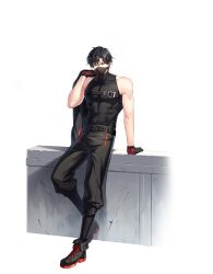 Rule 34 | 1boy, bare shoulders, belt, black hair, black pants, black shirt, black shoes, blue eyes, cheolsu (closers), closers, covered abs, covered pectorals, full body, gloves, hand up, highres, jacket, looking to the side, male focus, mask, mouth mask, official art, pants, pectorals, shirt, shoes, short hair, sleeveless, sleeveless shirt, solo, transparent background, two-tone gloves, unworn jacket