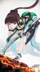 1girl absurdres back_cutout bodysuit brown_eyes brown_hair clothing_cutout eve_(stellar_blade) gloves goddess_of_victory:_nikke green_bodysuit high_ponytail highres holding holding_weapon looking_at_viewer nagato_tsumugu ponytail solo weapon white_background white_gloves