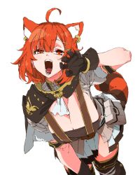 1girl absurdres animal_ear_fluff animal_ears belt black_gloves black_thighhighs breasts brown_capelet brown_gloves buckle capelet ear_ornament gloves hair_ornament highres keyhole large_breasts marugayotsu miniskirt nijisanji open_mouth orange_eyes orange_hair pleated_skirt puffy_short_sleeves puffy_sleeves ratna_petit ratna_petit_(1st_costume) red_hair red_panda_ears red_panda_girl red_panda_tail sagging_breasts short_sleeves side_slit skirt thighhighs virtual_youtuber white_background white_skirt x_hair_ornament