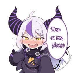 1girl ahoge belt belt_buckle blush buckle coat demon_girl demon_horns demon_tail hair_between_eyes highres hololive horns horny_face keven_(ewdx3754) la+_darknesss large_sleeves long_hair looking_at_viewer multicolored_hair open_mouth oversized_clothes oversized_sleeves pov seductive_smile sidelocks simple_background smile speech_bubble streaked_hair sweat sweatdrop tail text_focus very_long_hair white_background white_hair yellow_eyes