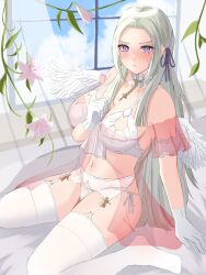 1girl absurdres alternate_breast_size babydoll bare_shoulders blonde_hair blush bra breasts cleavage clenched_hand closed_mouth collarbone commentary_request curtains detached_collar edelgard_von_hresvelg fake_wings feathered_wings fire_emblem fire_emblem:_three_houses flower garter_belt gloves glowing glowing_halo hair_ribbon halo hand_up highres indoors large_breasts leaning_to_the_side long_hair looking_at_viewer looking_to_the_side navel nintendo on_bed panties parted_bangs peli_cantaro plant pout purple_eyes purple_ribbon ribbon see-through_babydoll see-through_clothes see-through_nightgown shade sideboob sitting skindentation solo stomach sweatdrop thick_thighs thighhighs thighs underwear vines wariza white_bra white_gloves white_panties white_thighhighs wind window wings wrist_cuffs