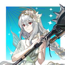 1girl ambience_synesthesia aqua_background arknights bare_shoulders blue_background border breasts chinese_commentary closed_mouth commentary_request dress flower gradient_background grey_dress grey_hair hair_between_eyes hair_flower hair_ornament highres holding holding_weapon jewelry light_smile long_hair looking_at_viewer necklace official_alternate_costume outside_border red_eyes solo sparkle specter_(arknights) upper_body weapon white_border white_flower zi_wai_(qiong715)