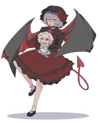 2girls :| absurdres animal_ears apron bat_wings black_hat blue_dress blue_hair blush bow brooch chibi closed_mouth commentary dog_ears dog_tail dress grimlisp hair_bow hat hat_bow highres holding inu_sakuya_(nejikirio) izayoi_sakuya jewelry looking_at_viewer maid_headdress mob_cap multiple_girls one_eye_closed open_mouth red_bow red_dress red_eyes red_ribbon remilia_scarlet ribbon short_hair simple_background smile tail tail_wagging touhou waist_apron wings