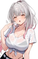 1girl absurdres black_panties black_pants blunt_bangs bra_visible_through_clothes breasts brown_eyes cleavage commentary_request daysss gradient_hair grey_hair highleg highleg_panties highres hot indie_virtual_youtuber large_breasts long_hair looking_at_viewer multicolored_hair navel open_mouth panties pants pink_hair ponytail see-through_clothes see-through_shirt shirt short_hair simple_background solo suou_patra sweat t-shirt teeth tied_shirt two-tone_hair underwear upper_teeth_only virtual_youtuber wet wet_clothes wet_shirt white_background white_shirt