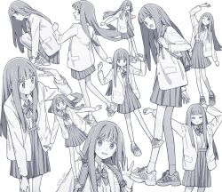1girl absurdres arisancake bag blunt_bangs bow bowtie closed_eyes closed_mouth greyscale highres jacket long_hair long_sleeves looking_at_viewer monochrome multiple_views one_eye_closed open_mouth original pleated_skirt school_bag school_uniform serafuku skirt smile twitter_username