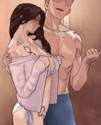 1boy 1girl absurdres arm_around_shoulder bikini bikini_under_clothes blush breasts brown_hair cardigan commentary_request faceless faceless_male highres large_breasts mature_female muscular muscular_male o-ring o-ring_bikini original pink_cardigan pointing_with_thumb profile sato-san_(yewang19) side-tie_bikini_bottom stomach swimsuit topless_male white_bikini yewang19