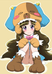 1girl animal_hands animal_hat anyamal_tantei_kirumin_zoo blush boots brown_eyes brown_hair cleft_of_venus female_focus full_body gloves hat legs long_hair mikogami_nagisa no_panties outline paw_gloves purple_eyes pussy sitting solo uncensored very_long_hair youkan