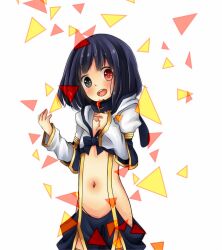 Rule 34 | 1girl, black bow, black bowtie, black hair, black pants, blush, bow, bowtie, commentary request, cowboy shot, crop top, flat chest, heterochromia, looking at viewer, medium hair, meiko (nattu303), navel, open mouth, pants, ragnarok online, red eyes, shirt, simple background, smile, solo, suspenders, teeth, upper teeth only, warlock (ragnarok online), white background, white shirt