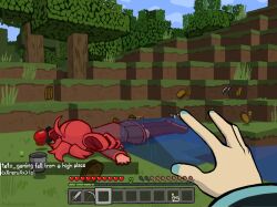 2girls ahoge apple aqua_nails block_(minecraft) branchpuzzle bread bucket candle charcoal chat_log colored_skin day drill_hair drumsticks dying english_text experience_orb face_down failure food fruit grass grass_block hashtag-only_commentary hatsune_miku health_bar highres kasane_teto kasane_teto_(utau) lying minecraft minecraft_pickaxe minecraft_sword multiple_girls on_stomach outdoors pickaxe pov pov_hands red_hair red_skin sword tree triple_baka_(vocaloid) twin_drills user_interface utau vocaloid weapon