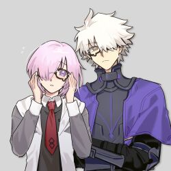 1boy 1girl :o armor black-framed_eyewear black_armor black_dress breastplate capelet closed_mouth collared_dress commentary_request crossed_arms dress fate/grand_order fate_(series) flying_sweatdrops galahad_(fate) glasses grey_background grey_jacket hair_over_one_eye height_difference highres jacket knight lil1dove long_sleeves mash_kyrielight multicolored_jacket necktie one_eye_covered open_clothes open_jacket pink_hair purple_capelet purple_eyes red_necktie short_hair simple_background two-tone_jacket white_hair white_jacket