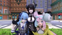 3d 3d_background 3girls :d black_hair blender_(medium) blue_eyes blue_hair city crossover grass group_picture happy highres hololive hololive_english hoshimachi_suisei iono_(pokemon) multicolored_hair multiple_girls nerissa_ravencroft nintendo open_mouth pink_hair pokemon pokemon_sv purple_eyes red_eyes self-upload smile teeth virtual_youtuber