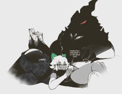 1boy 1girl black_dress book bow cellphone character_request claws commentary dark_skin dragon dress english_commentary english_text furry furry_male gen_5_pokemon hair_bow highres holding holding_phone legendary_pokemon nintendo nyantcha phone pokemon red_eyes shaded_face shadow speech_bubble thighs white_hair zekrom