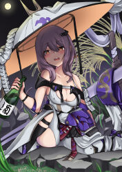 Rule 34 | 1girl, absurdres, armor, bare shoulders, bodysuit, breasts, cleavage, clothing cutout, goddess of victory: nikke, grey bodysuit, grey hair, hair between eyes, hat, highres, holding, jingasa, kitasshi, large breasts, large hat, leg cutout, long hair, looking at viewer, open mouth, scarlet (nikke), smile, solo, sword, weapon, yellow eyes