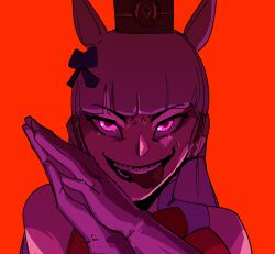 1girl absurdres animal_ears biting_own_tongue evil_eyes evil_smile glowing glowing_eyes gold_ship_(umamusume) highres horse_ears horse_girl jujutsu_kaisen long_hair looking_at_viewer neitheyagi own_hands_together parody purple_eyes red_background simple_background smile solo teeth tongue tongue_out umamusume upper_body white_hair