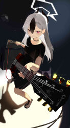 1girl absurdres alternate_costume black_choker black_footwear black_shirt black_skirt blue_archive blush choker demon_girl demon_horns demon_wings ear_piercing electric_guitar guitar hair_behind_ear hair_between_eyes highres holding holding_guitar holding_instrument holding_plectrum horns instrument kayoko_(blue_archive) long_hair looking_at_viewer multicolored_hair piercing plectrum ponytail red_eyes shirt sidelocks skirt smile toriko_(honmono) wings