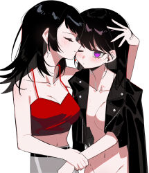 2girls bang_dream! bang_dream!_it&#039;s_mygo!!!!! bite_mark bite_mark_on_breast bite_mark_on_neck bite_mark_on_shoulder black_hair black_jacket blush breasts brown_hair camisole cleavage closed_eyes closed_mouth collarbone commentary grey_skirt hand_on_another&#039;s_head hashtag-only_commentary highres holding_another&#039;s_wrist jacket jacket_on_shoulders kiss kissing_cheek long_hair medium_breasts mole mole_under_eye multiple_girls naked_jacket one_eye_closed purple_eyes red_camisole shiina_taki simple_background skirt white_background yahata_umiri yuri zikiki1092