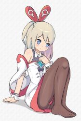 +_+ 1girl absurdres arm_support blue_eyes brown_pantyhose closed_mouth dress full_body grey_background grey_hair highres long_hair mwm5 panties pantyhose ponytail sitting solo stella_(world_flipper) underwear white_dress world_flipper