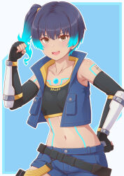 Rule 34 | 1girl, arm up, black gloves, blue hair, blue shorts, blue vest, body markings, brown eyes, clenched hand, collarbone, commentary request, crop top, detached sleeves, fiery hair, fingerless gloves, gloves, glowing lines, glowing markings, hand on own hip, highres, long hair, looking at viewer, midriff, navel, open clothes, open mouth, open vest, outline, sena (xenoblade), shorts, side ponytail, smile, solo, teeth, upper teeth only, vest, white outline, xenoblade chronicles (series), xenoblade chronicles 3, yoruusagi