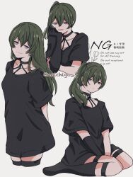 1girl artist_name black_gloves black_shirt black_socks commentary english_text gloves green_hair grey_background highres kneehighs long_hair multiple_views noichigo_f purple_hair shirt short_sleeves side_ponytail simple_background single_glove socks sousou_no_frieren ubel_(sousou_no_frieren)