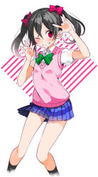 1girl \m/ black_hair black_socks bow bowtie collared_shirt commentary_request double_\m/ green_bow green_bowtie grin hair_between_eyes hair_bow kashi-k love_live! love_live!_school_idol_project miniskirt one_eye_closed pink_bow pink_sweater_vest pleated_skirt red_eyes shirt simple_background skirt smile socks solo sweater_vest twintails white_shirt yazawa_nico