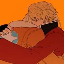 Rule 34 | 2boys, black gloves, blonde hair, closed eyes, covered mouth, fatal fury, fatal fury: city of the wolves, fingerless gloves, fur-trimmed jacket, fur trim, gloves, hug, jacket, jingjing0229, male focus, multiple boys, orange background, orange jacket, red jacket, rock howard, short hair, simple background, terry bogard