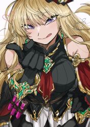 1girl :q absurdres aged_up ahoge belt black_dress black_pantyhose blonde_hair breasts cagliostro_(granblue_fantasy) crown dress earrings granblue_fantasy hand_on_own_hip highres jewelry large_breasts licking_lips long_hair looking_at_viewer official_alternate_costume pantyhose pointing pointing_at_viewer purple_eyes rokugou_(tokiwa_rokugou) smile solo test_tube tongue tongue_out very_long_hair