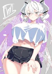 Rule 34 | 1girl, absurdres, alternate costume, black skirt, blush, breasts, cropped shirt, demon girl, demon horns, demon wings, duel monster, earrings, grey background, grey eyes, grey hair, grey horns, highres, horns, huge breasts, jewelry, lovely labrynth of the silver castle, low wings, miniskirt, multiple wings, pleated skirt, pointy ears, shirt, simple background, skirt, solo, tama amata, transparent wings, white shirt, white wings, wings, yu-gi-oh!