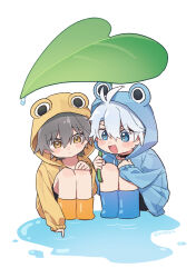 2boys aged_down alternate_costume animal_hood antenna_hair black_choker blue_eyes blue_raincoat caelus_(honkai:_star_rail) choker commentary_request frog_hood grey_hair holding holding_umbrella honkai:_star_rail honkai_(series) hood leaf_umbrella male_focus multiple_boys phainon_(honkai:_star_rail) puddle raincoat short_hair simple_background trailblazer_(honkai:_star_rail) twitter_username umbrella white_background white_hair xwd4rk yellow_eyes yellow_raincoat