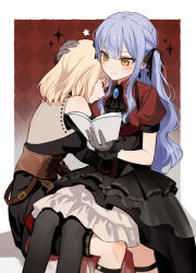 2girls argyle_background bang_dream! bang_dream!_it&#039;s_mygo!!!!! belt black_corset black_pantyhose black_shirt black_shorts black_skirt black_wrist_cuffs blonde_hair blue_brooch blue_hair book border brown_belt brown_corset closed_mouth clothing_cutout corset cross-laced_clothes cross-laced_corset doloris_(bang_dream!) facing_another feet_out_of_frame frilled_wrist_cuffs frills gloves gradient_background grey_gloves grey_shirt hair_between_eyes hair_ribbon hand_on_another&#039;s_head hand_up head_on_another&#039;s_shoulder heads_together highres holding holding_book hug invisible_chair layered_skirt light_blush long_hair long_sleeves looking_at_object medium_hair medium_skirt misumi_uika multiple_girls oblivionis_(bang_dream!) outside_border pantyhose parted_lips petticoat profile puffy_short_sleeves puffy_sleeves red_background red_shirt ribbon shin_strap shirt short_sleeves shorts shoulder_cutout sitting sitting_on_lap sitting_on_person skirt smile star_(symbol) togawa_sakiko two-tone_shirt usamin_(megumikira) white_border wrist_cuffs yellow_eyes