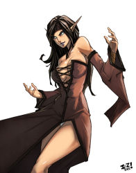 1girl black_hair breasts cleavage detached_sleeves dota_(series) dota_2 dress female_focus green_eyes headband image_sample irving-zero large_breasts lina_(dota_2) lina_inverse_(dota_2) lips lipstick long_hair makeup no_bra panties pantyshot pointy_ears purple_lips side_slit solo strapless strapless_dress underwear