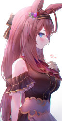 1girl ahoge animal_ears apron arm_garter ascot bare_shoulders blue_eyes blush breasts brown_apron brown_dress brown_hair brown_hairband buttons commentary double-breasted dress ear_ornament embarrassed frilled_apron frills from_side hairband hand_on_own_chest heart highres himexin horse_ears large_breasts long_hair looking_at_viewer low-tied_long_hair low_twintails mihono_bourbon_(code:glassage)_(umamusume) mihono_bourbon_(umamusume) narrow_waist official_alternate_costume official_alternate_hairstyle profile red_ascot sidelighting sideways_glance sleeveless sleeveless_dress solo twintails umamusume underbust upper_body waist_apron wrist_cuffs