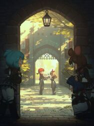1boy 4girls absurdres ahoge animal_ears aqua_eyes aqua_hair blonde_hair blue_eyes blue_hair brown_eyes brown_hair buck_teeth commentary cyclops english_commentary fantasy fingerless_gloves flower gate gauntlets gloves highres holding holding_flower lantern long_hair low_ponytail mouse_ears mouse_tail multiple_girls one-eyed original ponytail porforever red_hair relica_(porforever) short_hair squatting standing tail teeth