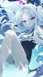 1girl absurdres bare_arms bare_legs bare_shoulders black_one-piece_swimsuit closed_mouth demon_girl demon_horns demon_wings forehead highres hina_(blue_archive) hina_(swimsuit)_(blue_archive) horns long_hair looking_at_viewer official_alternate_costume official_alternate_hairstyle one-piece_swimsuit one_side_up original purple_eyes re_naya school_swimsuit smile solo submerged swimsuit white_hair wings