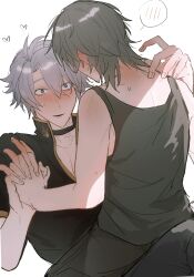 Rule 34 | 2boys, alternate costume, antenna hair, back, bare shoulders, black choker, black pants, black shirt, black tank top, blue eyes, caelus (honkai: star rail), choker, collarbone, commentary request, fingernails, grey hair, hair between eyes, hand up, heart, highres, holding hands, honkai: star rail, honkai (series), looking at another, male focus, multiple boys, nanuuuuuu73, neck tattoo, nervous, open mouth, pants, phainon (honkai: star rail), shirt, short hair, short sleeves, shy, simple background, sitting, sitting on person, smile, speech bubble, spoken blush, sun symbol, sun tattoo, sweat, t-shirt, tan, tank top, tattoo, trailblazer (honkai: star rail), white background, yaoi, yellow pupils