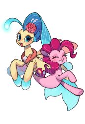 Rule 34 | ^ ^, animal focus, blue eyes, blue hair, closed eyes, creature, creature focus, curly hair, cutie mark, fantasy, fins, fish, fish tail, flower, hair flower, hair ornament, highres, hooves, ikirunosindo, long hair, my little pony, my little pony: friendship is magic, my little pony: the movie (2017), no humans, pink flower, pink hair, pinkie pie, pinkie pie (seapony), seahorse, simple background, skystar (my little pony), skystar (seapony) (my little pony), smile, tail, variant set, white background