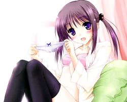 Rule 34 | 1girl, black thighhighs, blue panties, bow, bow panties, bra, brown hair, checkered bra, checkered clothes, female focus, holding, holding panties, holding underwear, holding unworn clothes, komori kei, lace, lace-trimmed bra, lace trim, lingerie, long hair, open clothes, open shirt, panties, panty pull, pink bra, plaid bra, plaid clothes, purple eyes, shirt, sitting, solo, striped clothes, striped panties, thighhighs, twintails, underwear
