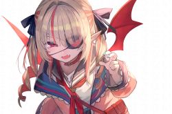 1girl blonde_hair blunt_bangs commentary_request eyepatch eyes_visible_through_hair fangs highres lack looking_at_viewer makaino_ririmu makaino_ririmu_(4th_costume) multicolored_hair nijisanji official_art open_mouth pointy_ears red_eyes red_hair simple_background solo streaked_hair tongue twintails two-tone_hair upper_body virtual_youtuber white_background wings