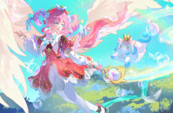 1girl absurdres air_bubble aqua_bow aqua_bowtie aqua_hair bow bowtie bubble chinese_commentary dress feathers gradient_hair hat highres holding holding_wand honkai:_star_rail honkai_(series) hyacine_(honkai:_star_rail) jiuhuaya little_ica_(honkai:_star_rail) multicolored_hair pantyhose pegasus pink_hair procreate_(medium) rainbow red_hat river twintails wand watermark white_pantyhose wings