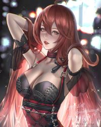Rule 34 | 1girl, ahoge, arm garter, blurry, blurry background, breasts, choker, cleavage, dragon raja, hair between eyes, highres, lips, long hair, looking at viewer, medium breasts, nono (dragon raja), parted lips, red eyes, red hair, serafleur, solo, upper body, watermark