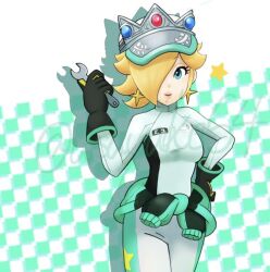 Rule 34 | 1girl, asayakesunsun, baseball cap, blonde hair, blue eyes, clothes around waist, earrings, gloves, hair over one eye, hat, jewelry, mario (series), mario kart, mario kart world, nintendo, racing suit, rosalina, solo, star (symbol), star earrings, wrench