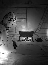 1girl bead_necklace beads cushion facing_viewer fire greyscale hakama highres hood hood_up indoors japanese_clothes jewelry kettle long_sleeves monochrome necklace neon-tetora seiza sitting solo steam tsukuyomi_ai voiceroid wide_sleeves wooden_floor zabuton