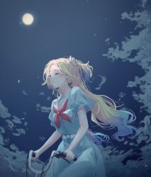 1girl bicycle blonde_hair blue_dress blue_hair closed_eyes cloud dress flower gradient_hair hair_flower hair_ornament hasu_no_sora_school_uniform highres l9525 link!_like!_love_live! long_hair love_live! moon multicolored_hair neckerchief night night_sky open_mouth osawa_rurino outdoors red_neckerchief riding riding_bicycle school_uniform sky solo summer_uniform twintails virtual_youtuber