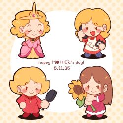 Rule 34 | 2025, 4girls, apron, blonde hair, blush stickers, brown hair, carol (mother), chibi, closed eyes, crown, dated, dress, flower, full body, gloves, highres, hinawa, jewelry, mother (series), mother 1, mother 2, mother 3, multiple girls, necklace, ness&#039;s mom, nintendo, one eye closed, open mouth, phone, polka dot, polka dot background, queen mary, smile, sunflower, yellow background