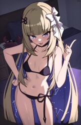 1girl absurdres amanogawa_shiina bed bikini black_bikini blonde_hair blue_eyes bow breasts crab fang hair_bow hand_on_own_hip hand_up hashtag-only_commentary highres index_finger_raised indoors long_hair navel phase_connect pillow scissors_hair_ornament skin_fang small_breasts solo standing stomach swimsuit very_long_hair virtual_youtuber white_bow x_xith_x