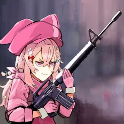 1girl absurdres alternate_costume animal_ear_headwear animal_ears archived_source artist_request assault_rifle blurry blurry_background bow cosplay crossed_bangs fake_animal_ears gloves gun hair_between_eyes hair_bow hair_ornament hat heart heart_hair_ornament highres holding holding_weapon jacket llenn_(sao) llenn_(sao)_(cosplay) long_hair long_sleeves m16 phase_connect pink_eyes pink_gloves pink_hair pink_hat pink_jacket pink_scarf pipkin_pippa rabbit_hair_ornament rifle scarf smile solo sword_art_online sword_art_online_alternative:_gun_gale_online upper_body virtual_youtuber weapon