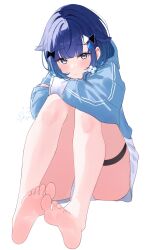 1girl absurdres bare_legs barefoot blue_eyes blue_hair blue_jacket convenient_leg feet gradient_hair highres jacket knees_up looking_at_viewer meercat_dayo multicolored_hair short_hair simple_background sitting soles solo thigh_strap thighs toes tsumugi_kokage virtual_youtuber vspo! white_background
